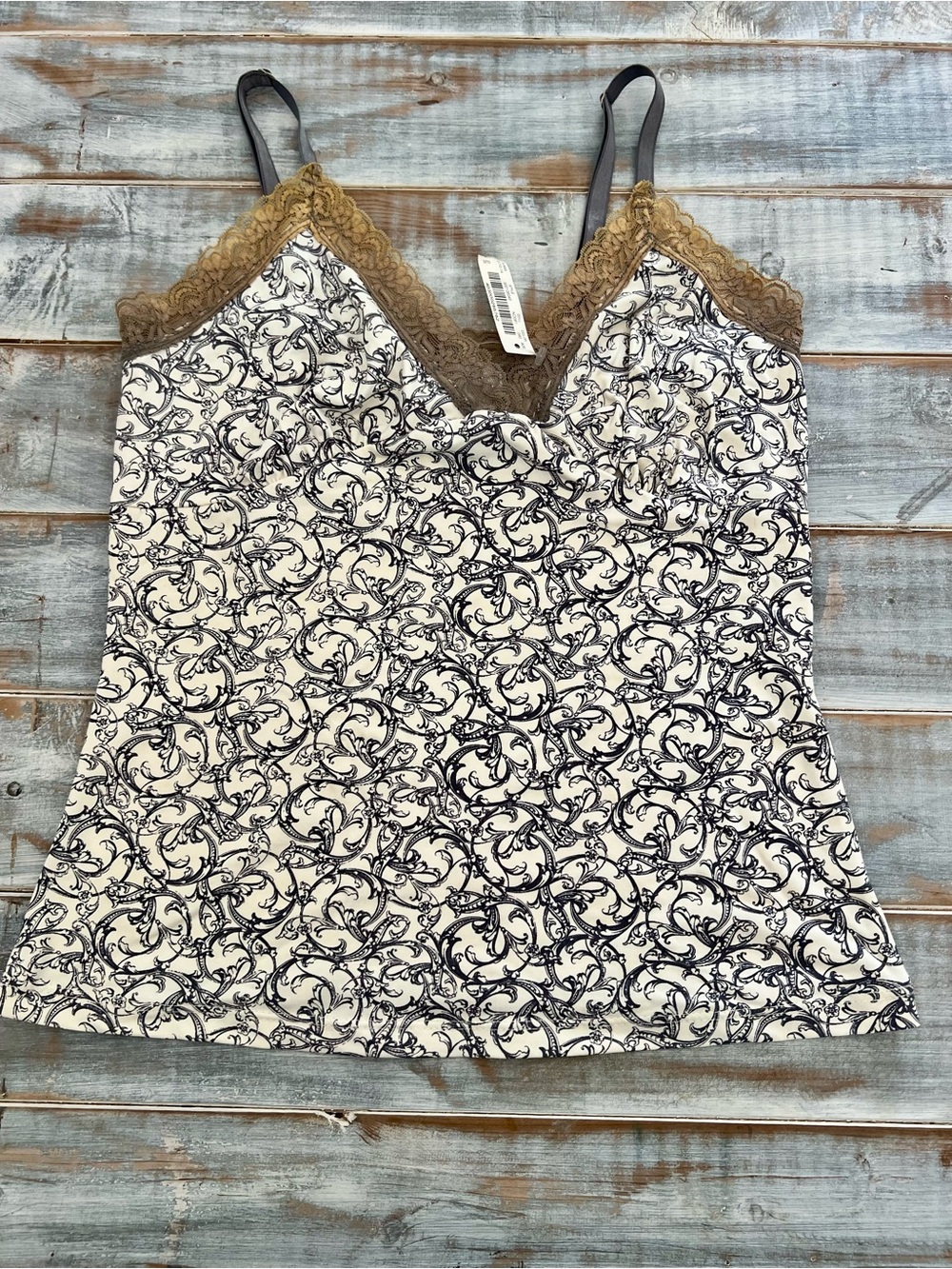 White House Black Market White and Navy Printed Lace-Trim Cami